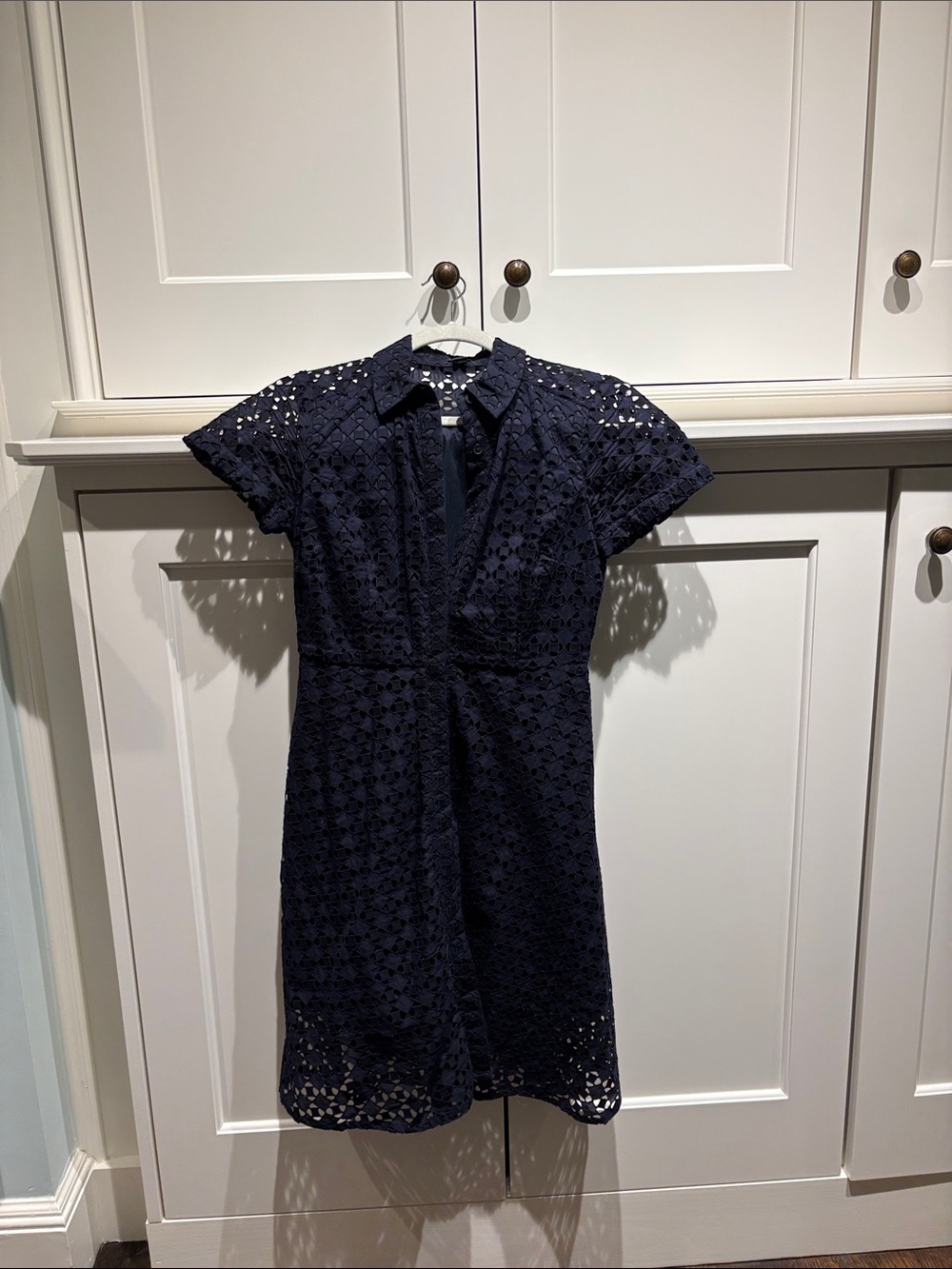 Ann Taylor Navy Eyelet Shirt Dress - Short Sleeve MIDI